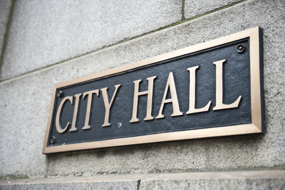Plaque with City Hall engraved